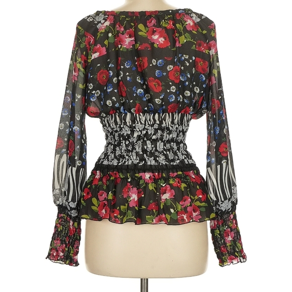 Black floral blouse. Black smocked top. Black floral top - Picture 2 of 7